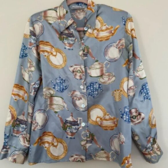 Vintage Talbots Teapot 100% silk Button-Up Shirt - Picture 1 of 5